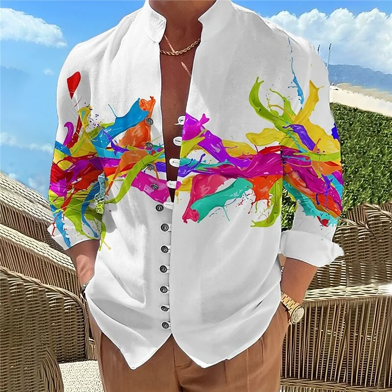 

Новая мужская рубашка с длинным рукавом, 3D-печать, эффект брызг краски, воротник-стойка, с пряжкой, повседневная одежда