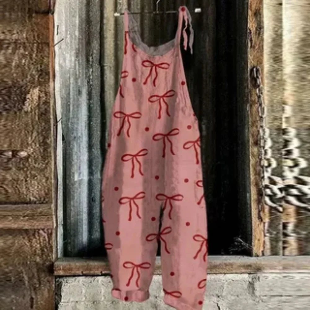 Macacão feminino verão 2025, estampa de arco 3D elegante, fofo, confortável e simples, alças ajustáveis