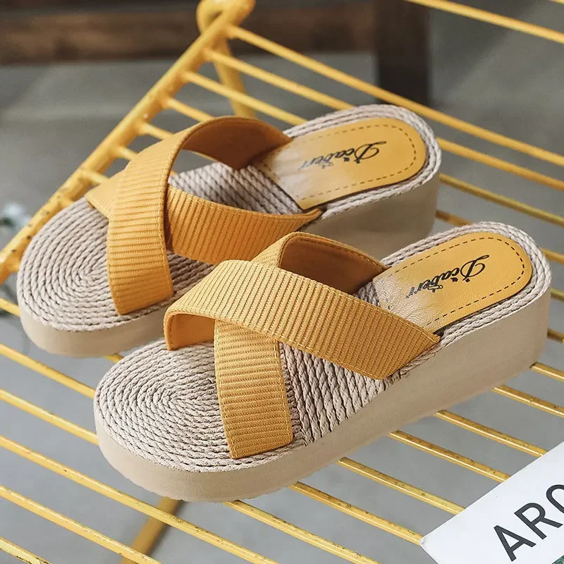 Summer Cross Hemp Thong Platform Wedges Women Slippers Indoor Outdoor Beach Slides High Heels Basic Shoes for Women