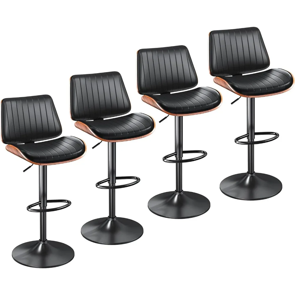 Bar Stools Set of 4, Bar Stools for Kitchen Island with Bentwood Back and Leather Seat, Swivel Bar Stools