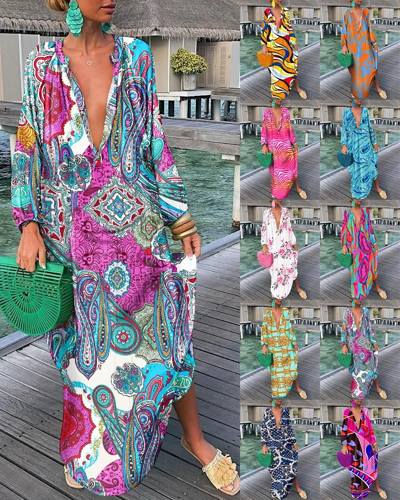 

Women Print Long Dress V Neck Full Sleeve Loose Fit Casual Splice Irregular Dresses Midi Waist Button Ladies Bohemian Beach