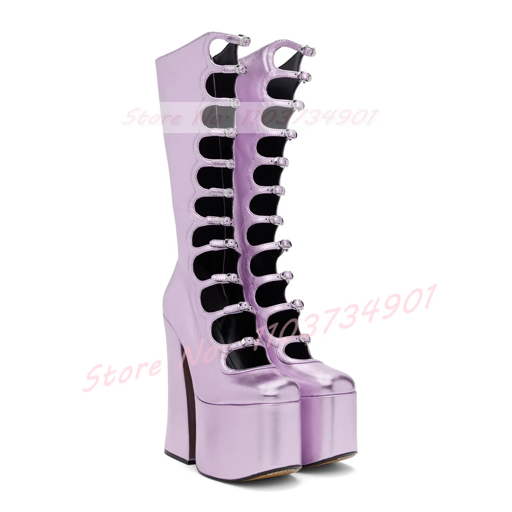 

Strappy Purple Metallic Boots Women Party Platform Round Toe Buckle Block High Heels Long Boots Lady Trendy Sexy Knee High Boots