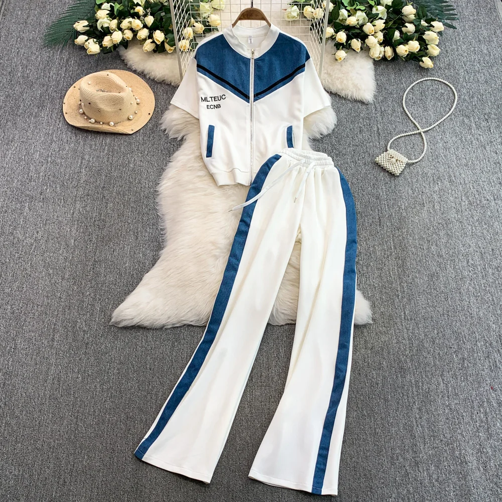 

Women Loose Casual Suits Sportswear Zipper Short-sleeved Hoodie + High-waisted Denim Splicing Wide-leg Pants Set Suit Outfits