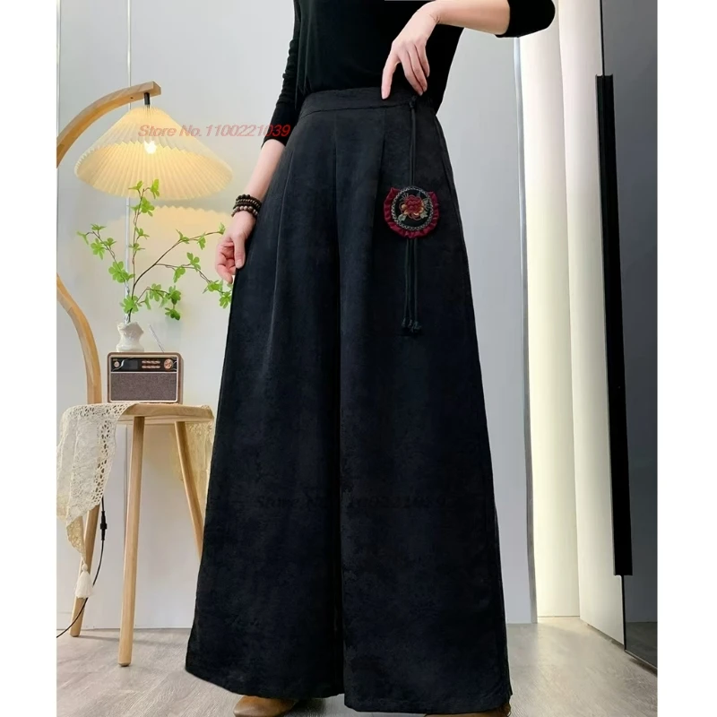 2025 chinese vintage folk pants traditional jacquard ethnic trousers national flower embroidery elastic waist wide leg trousers