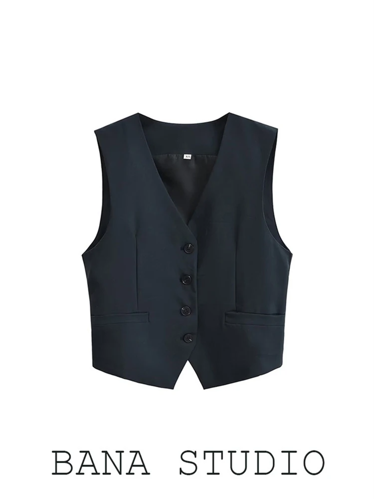 

BANA Slim Fit V-Ne Svel Suit Vest Women's ort Sle Cotton Blend Button up Color Spring Summer Faion