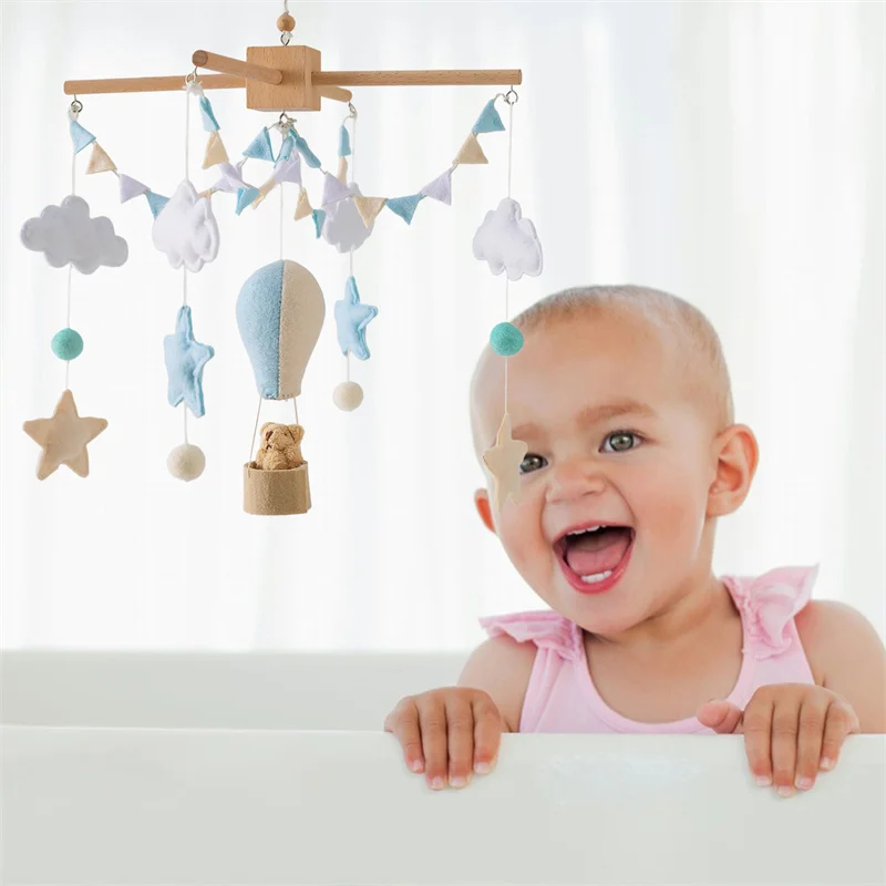 Baby Wooden Bed Bell 0-12 Months Baby Musical Hanging Toys Hot Air Balloon Pendant Crib Mobile Toys Holder Bracket Infant Gifts