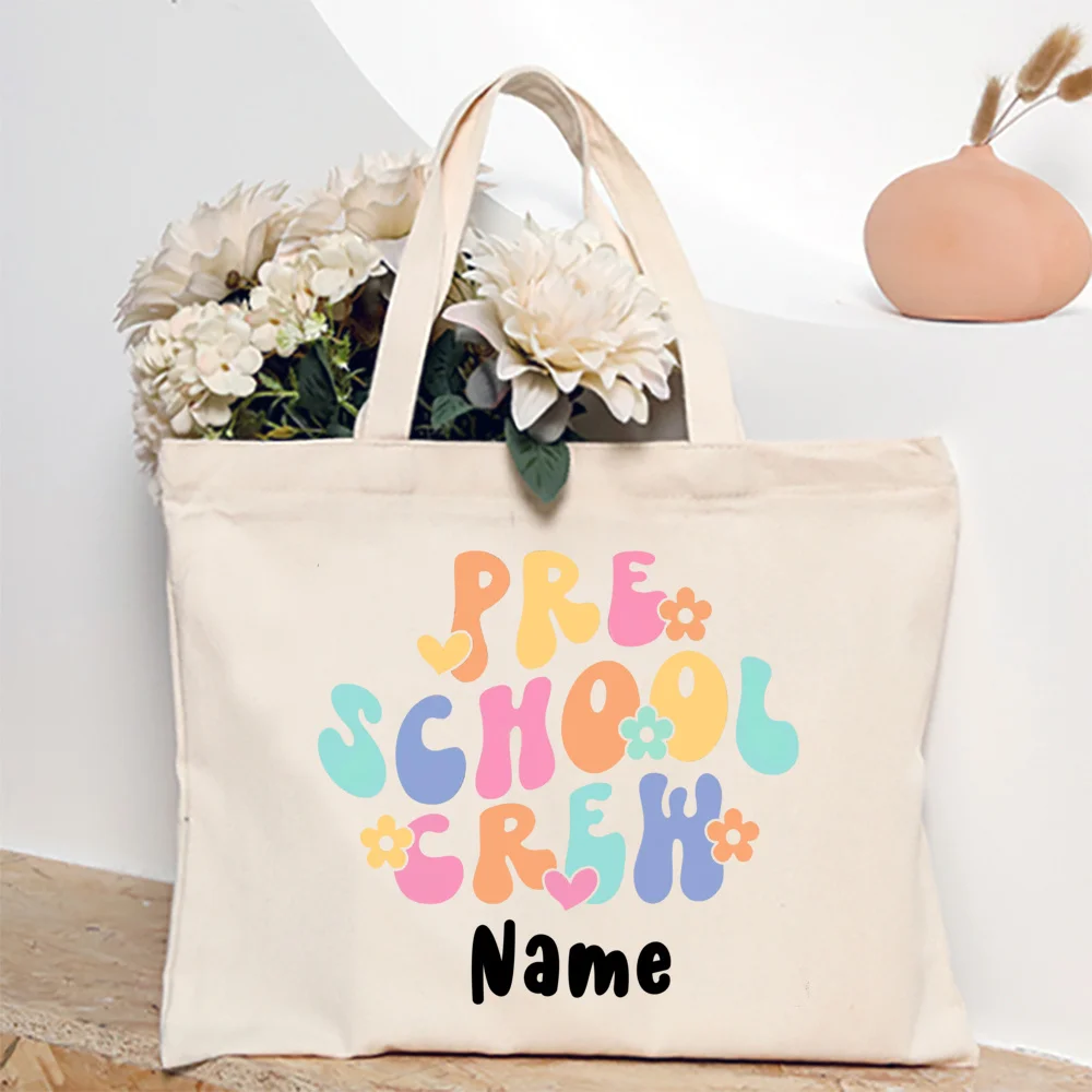 Pre School Crew Print Custom Name Teachers Handabags Travel Commuter Canvas Handbag Portable Large Capacity Tote Bag Best Gifts