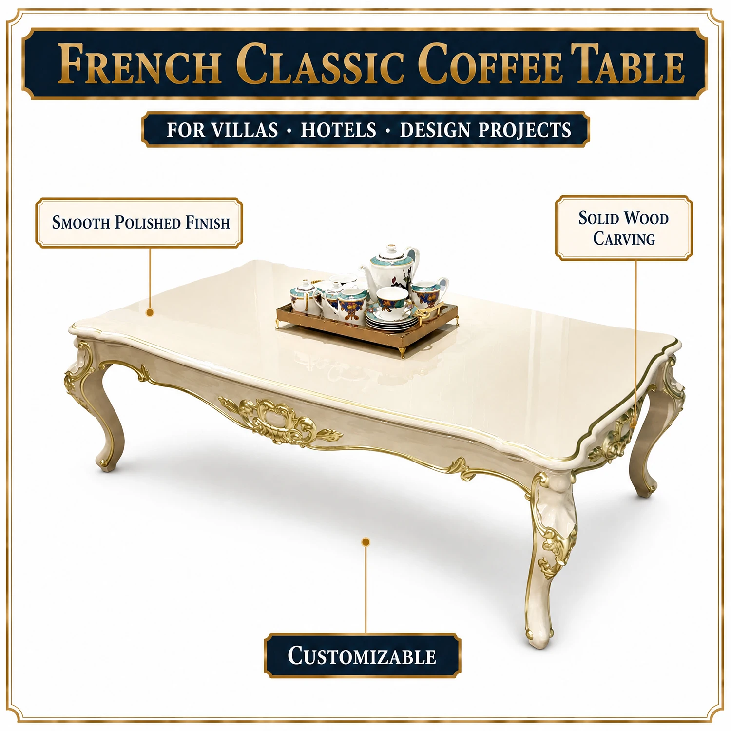 French Large-sized Coffee Table, Solid Wood Carved Table, Living Room Conference Table, Suitable For Luxurious Villas