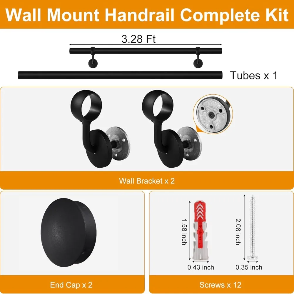 Rails d'escalier en métal, Rails à main en acier enduit de poudre noire de 3 pieds pour marches intérieures et extérieures, Rails de sécurité muraux