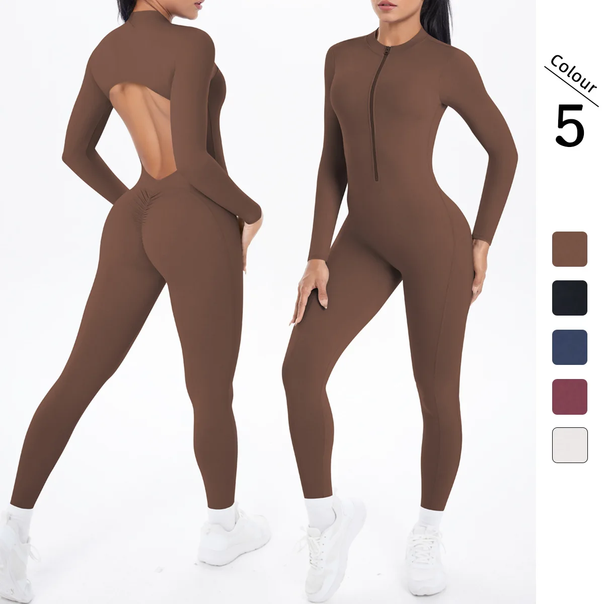 

2025 Summer New Women's Double - Sided Solid Color Backless Long - Sleeve Jumpsuit - Ideal for Outdoor Running Fitness Yoga