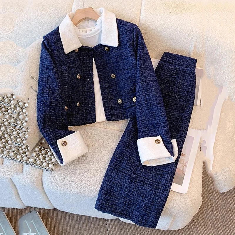 2025 Autumn Spring Two Piece Skirt Set Small Fragrance Cotton Double Breasted Tweed Jacket with Elegant Plaid Skirt Two-piece Se