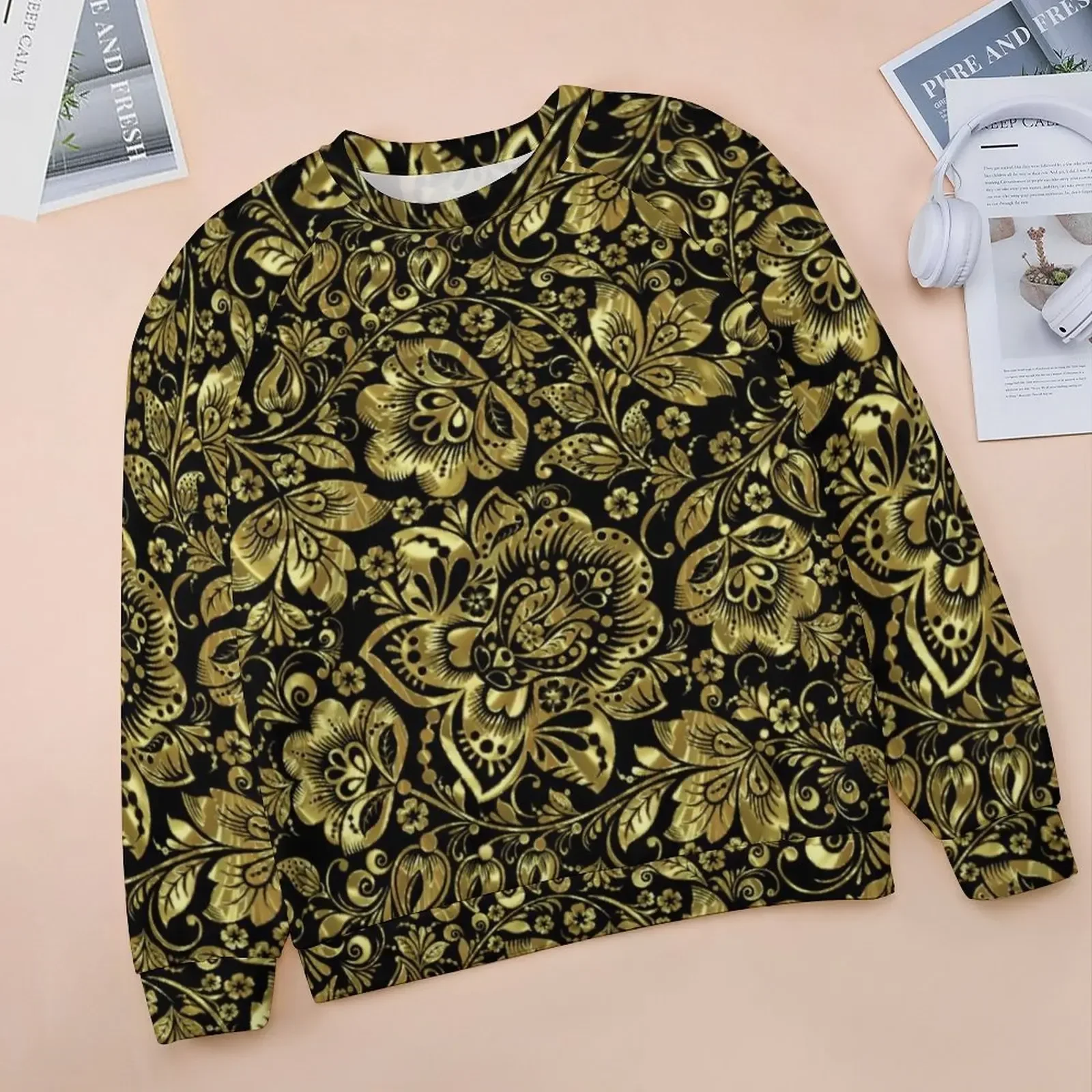 Shiny Gold Baroque Hoodies Lady Black Floral Damasks Hip Hop Casual Hoodie Spring Long Sleeve Y2k Custom Sweatshirts Big Size