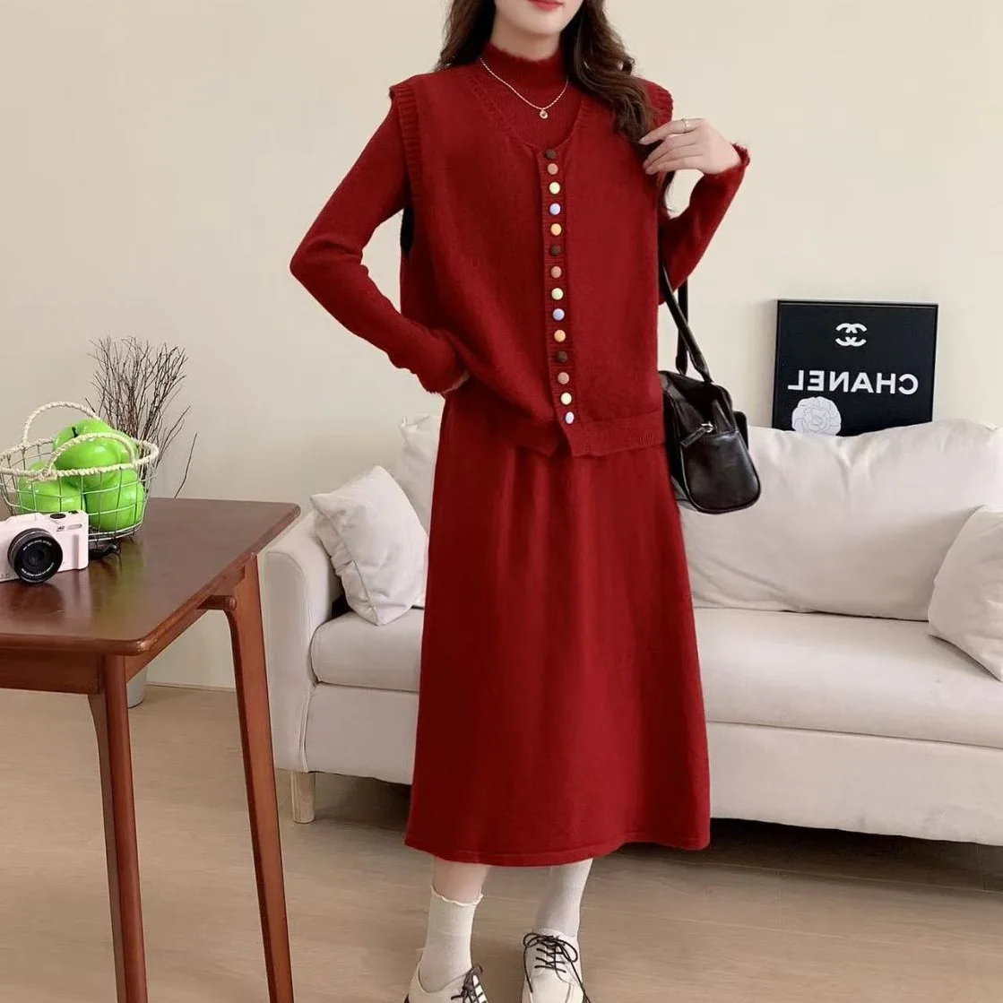 Color Buckle Retro Western-style Cardigan Vest+dress Knitted Set 2025 Autumn/winter New Korean Version Two-piece Set