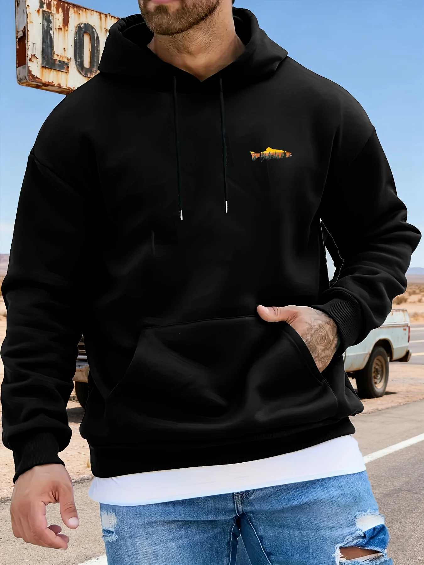 Vintage Fishing Trout Print Men Hoodie, Black Casual Pullover Sweatshirt, Mountain Sunset Forest Graphic Outdoor Camping Hoodies