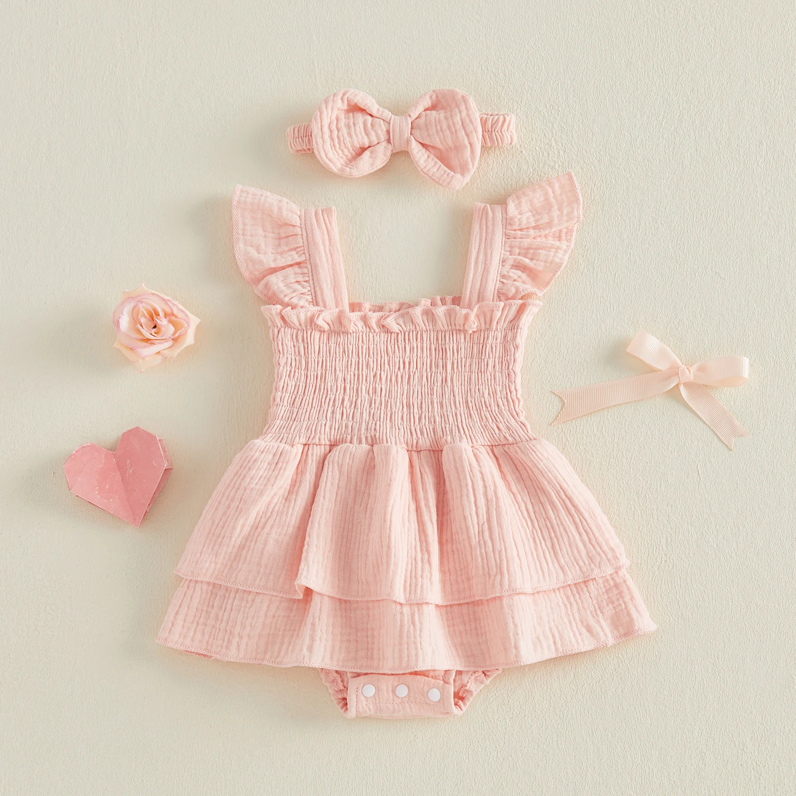 Lovely Summer Newborn Baby Girls Casual Rompers Cotton Linen Solid Color Ruffles Ruched Layered Jumpsuits Skirts Headband