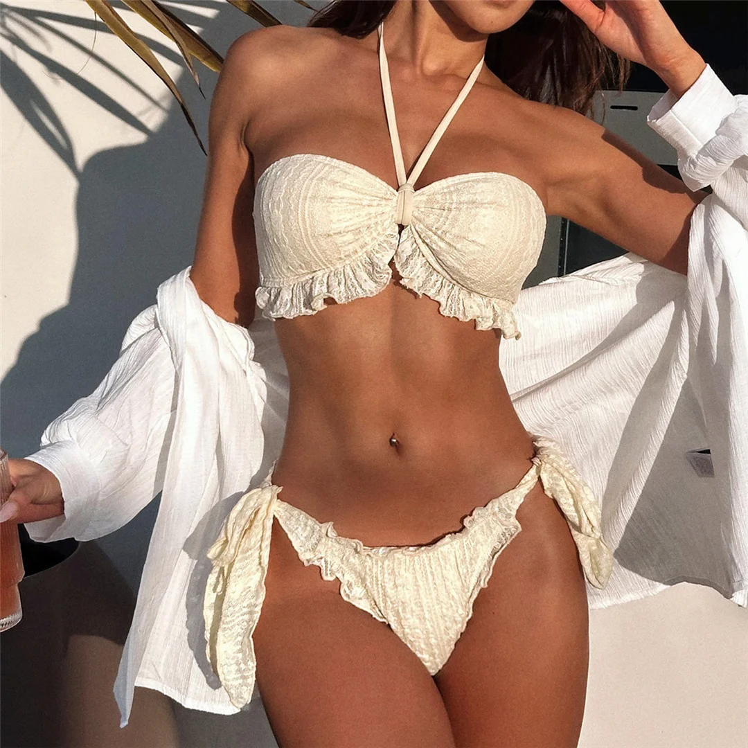 Spitzenbesetzter, gerüschter Bikini mit Neckholder, Damen-Badeanzug, zweiteiliges Bikini-Set, gepolsterter Badeanzug, Badebekleidung, Modell V8155. – Detail 3
