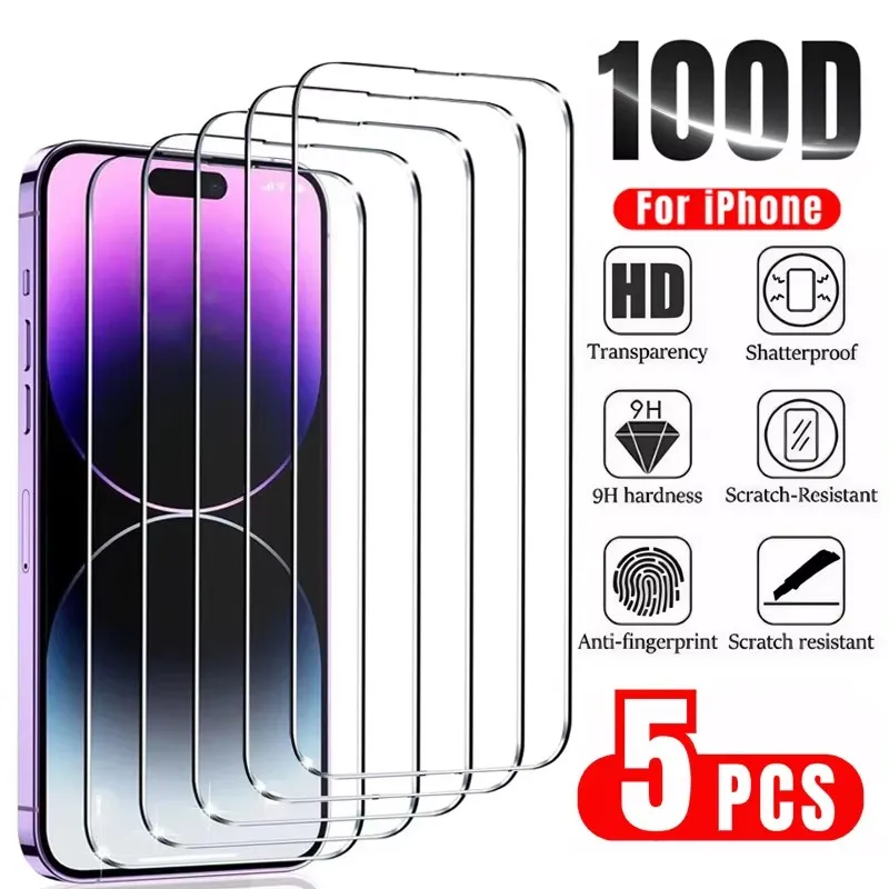 

5pcs Tempered Glass For iPhone 14 13 12 11 Pro Max Screen Protector For IPhone 16 6s 7 8 15 Plus SE X XS XR 14Pro Glass Film