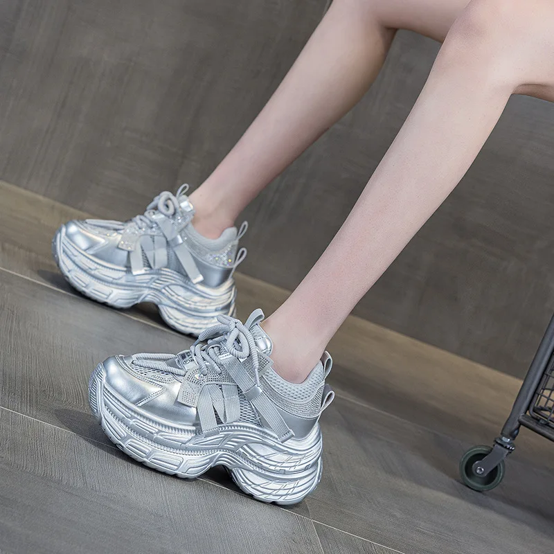 

Women's Dad Shoes 2025 New Style Thick Bottom High Top Casual Versatile Color Block Water Diamond Mesh Sports Shoes