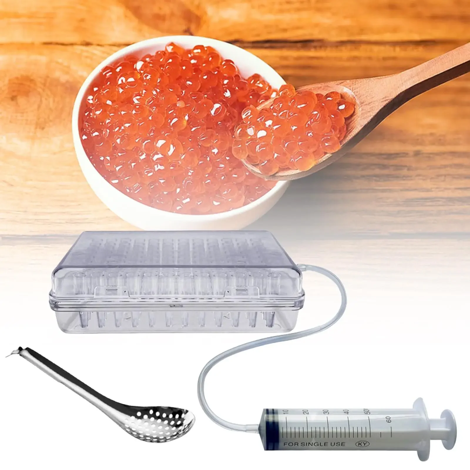 Herramientas de Gastronomía para Esferificación de Caviar, Dispensador de Huevo de Salmón Molecular, Cuchara Coladora Caliente y Jeringa con Gotero de Salsa