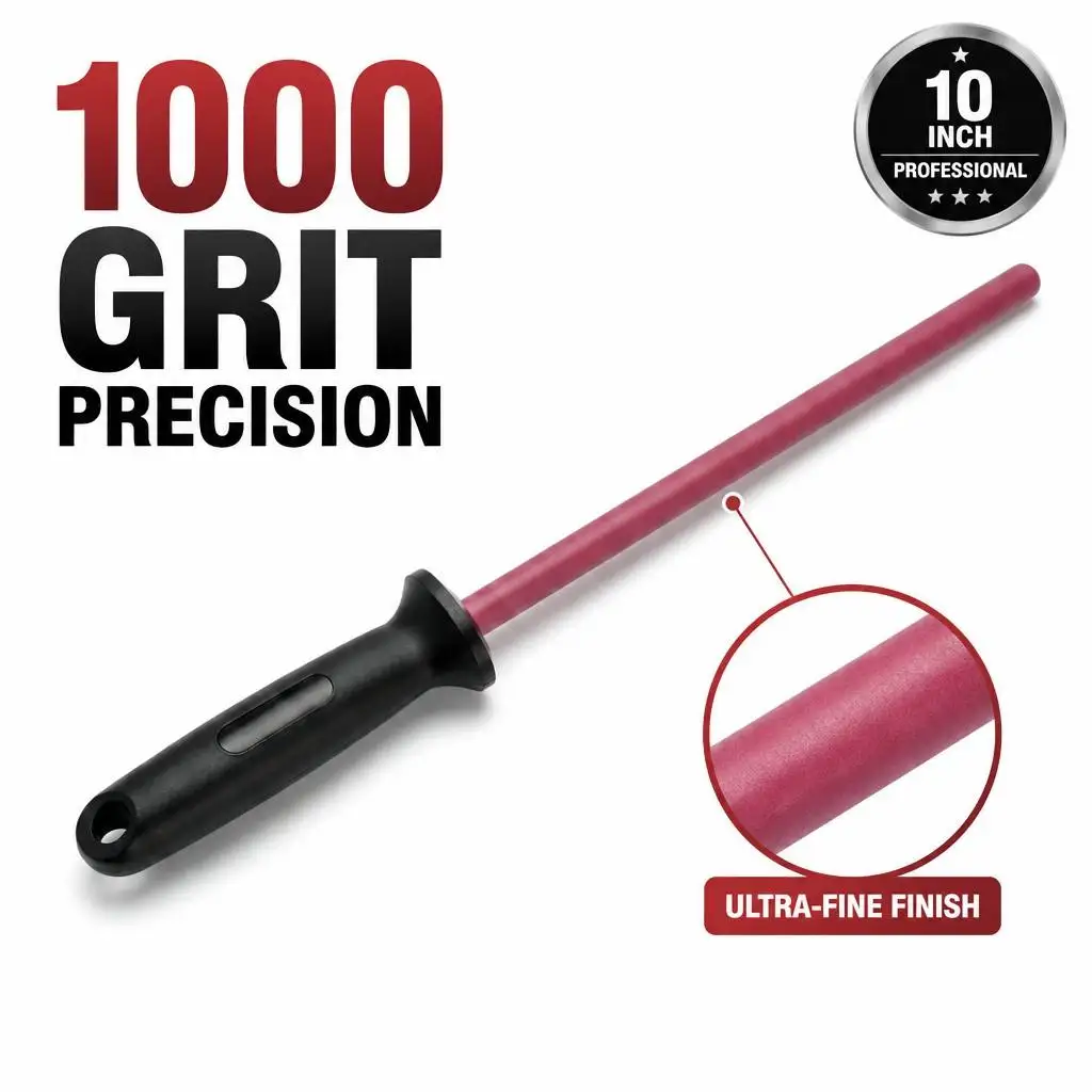 Professional 10 Inch Ruby Ceramic Sharpening Rod, 3000 Grit Honing Rod for Kitchen Knives, with Ergonomic Handle & Hanging Hole