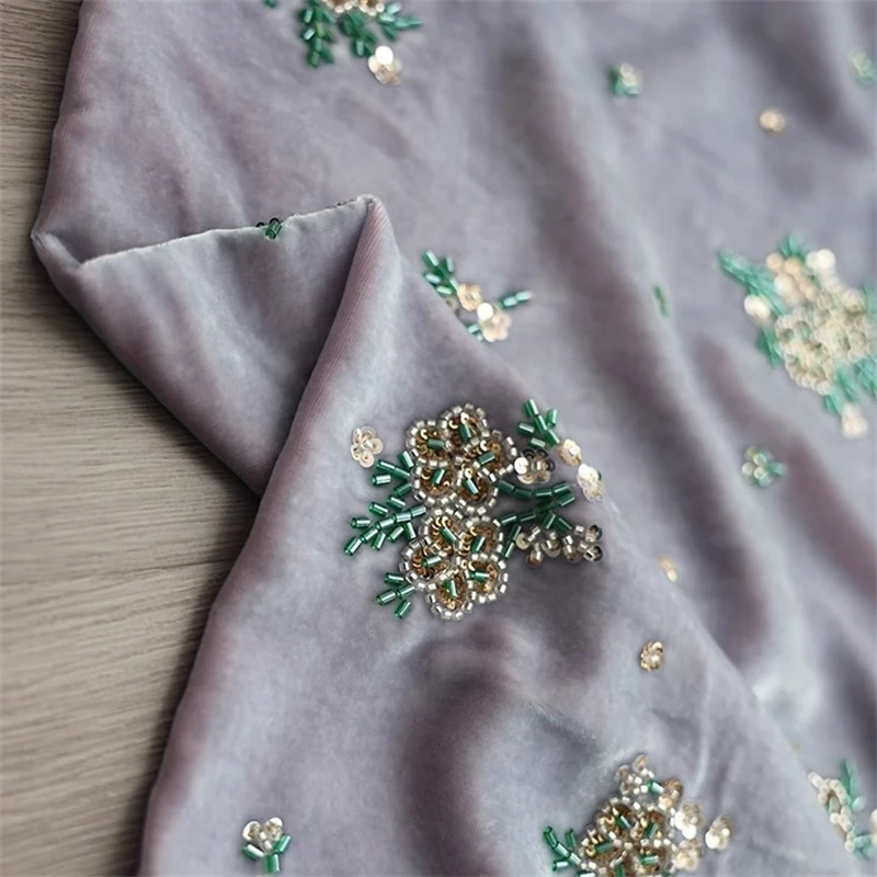 135cm Width Light Purple Silk Velvet Fabric Heavy-duty Sequins Nail Bead Embroidery Qipao Jacket Luxurious Mulberry Silk Fabric