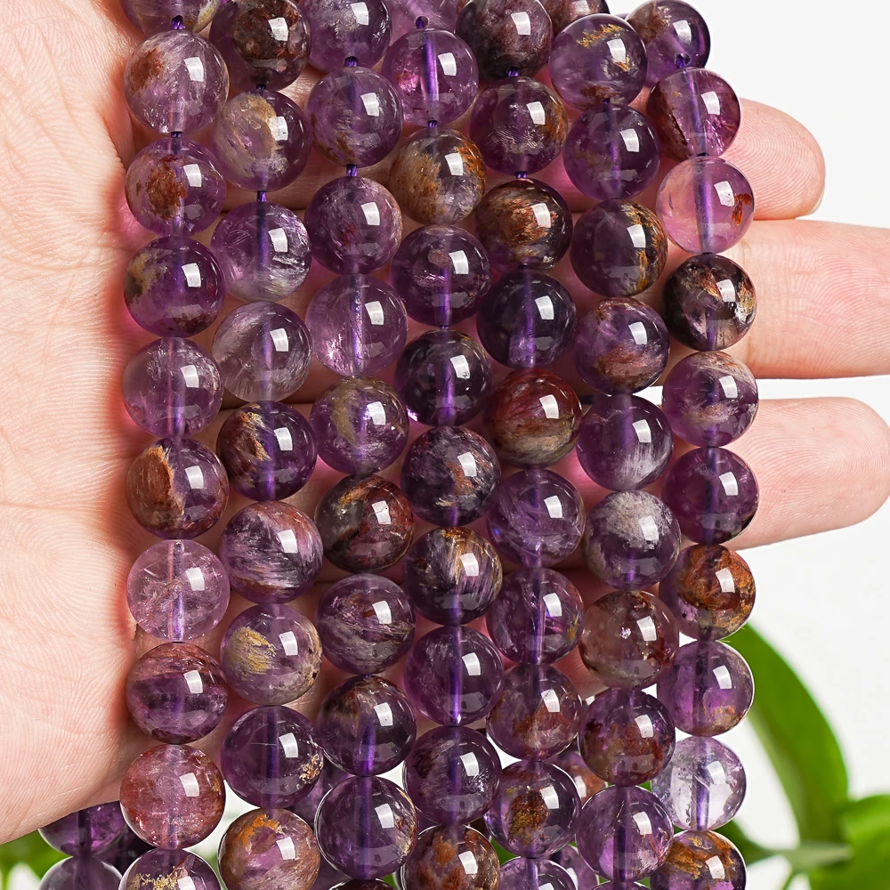 Natural Genuine Smooth Loose Round Beads Amethyst Cacoxenite Inclusions Quartz Bead for Bracelet Necklace Jewelry Making 15.5''