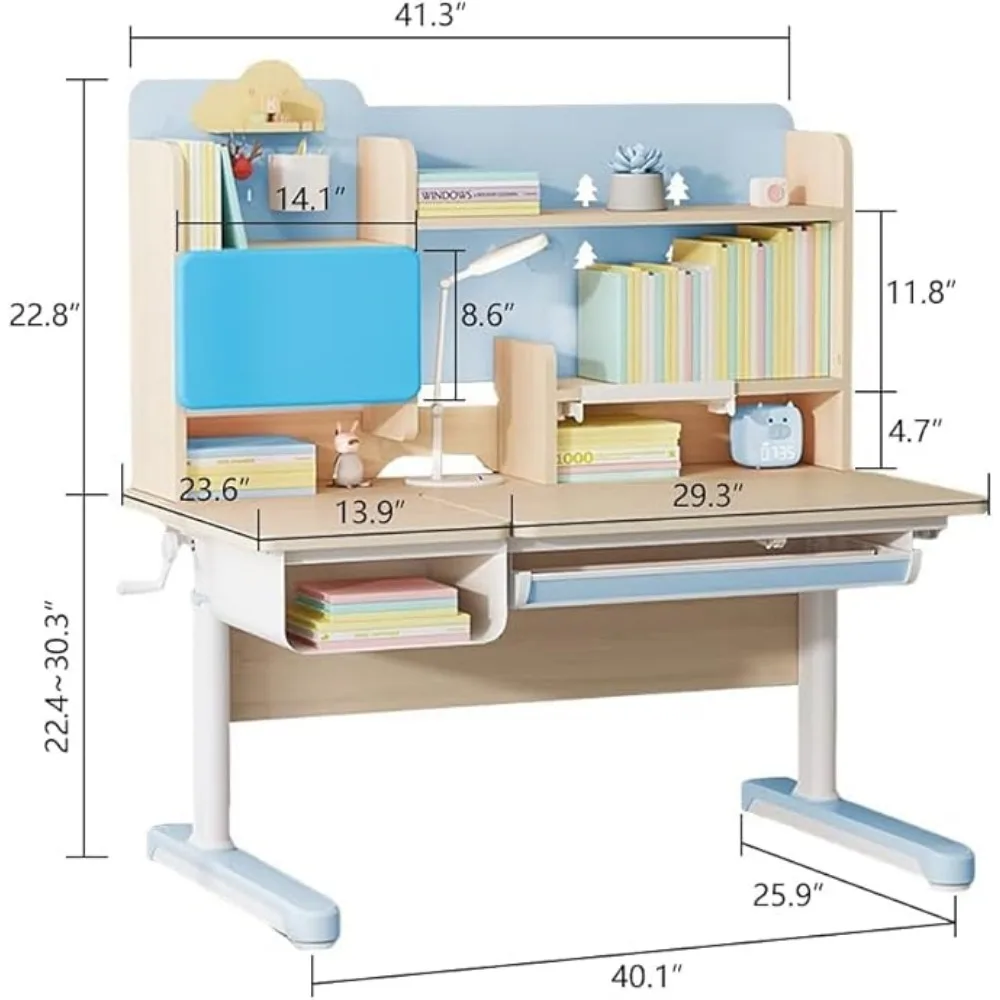 Kids Desk and Chair Wood Adjustable Height Ergonomic Reading Study Table with Tiltable Desktop, Pull-Out Drawer, Bookshelf Hutch