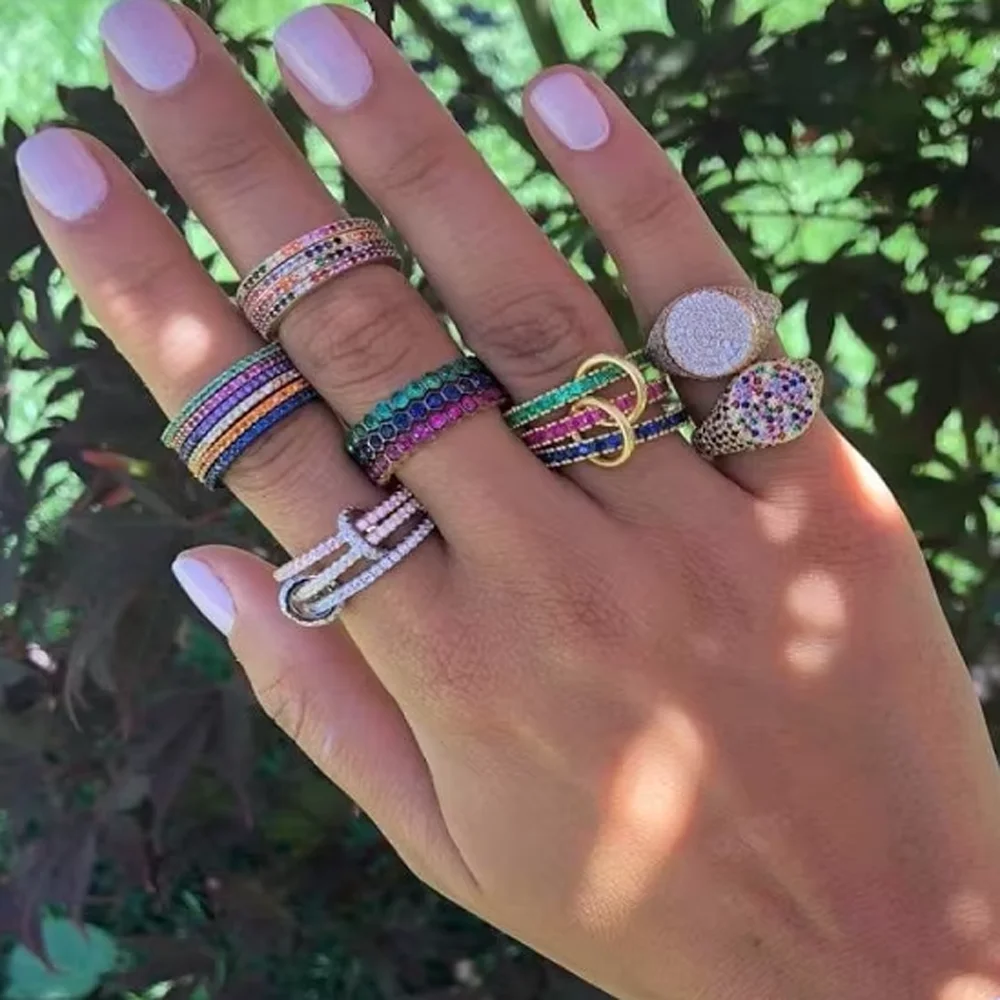 2025 New Fashion Gold Color Rainbow AAA Cz Stacking Engagement Band Finger Ring Fors Women New Design Delicate Eternity Rings