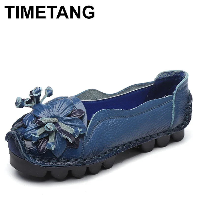 TIMETANGWomen Shoes Handmade Genuine Leather Casual Shoes Women Floral Solid Flat Shoes Vintage Cow Leather Loafers S Woman