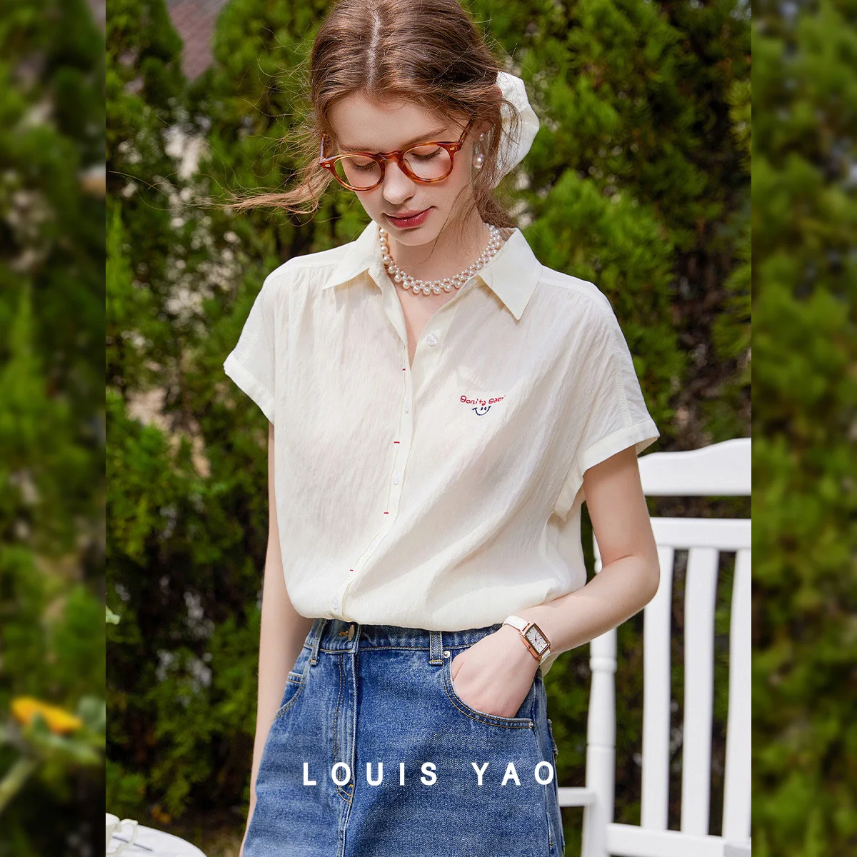

Embroidered Short Sleeve Shirt 2025 Summer Contrasting Colours Blouses Flap Collar Loose Even Shoulder Blouses Women Tops