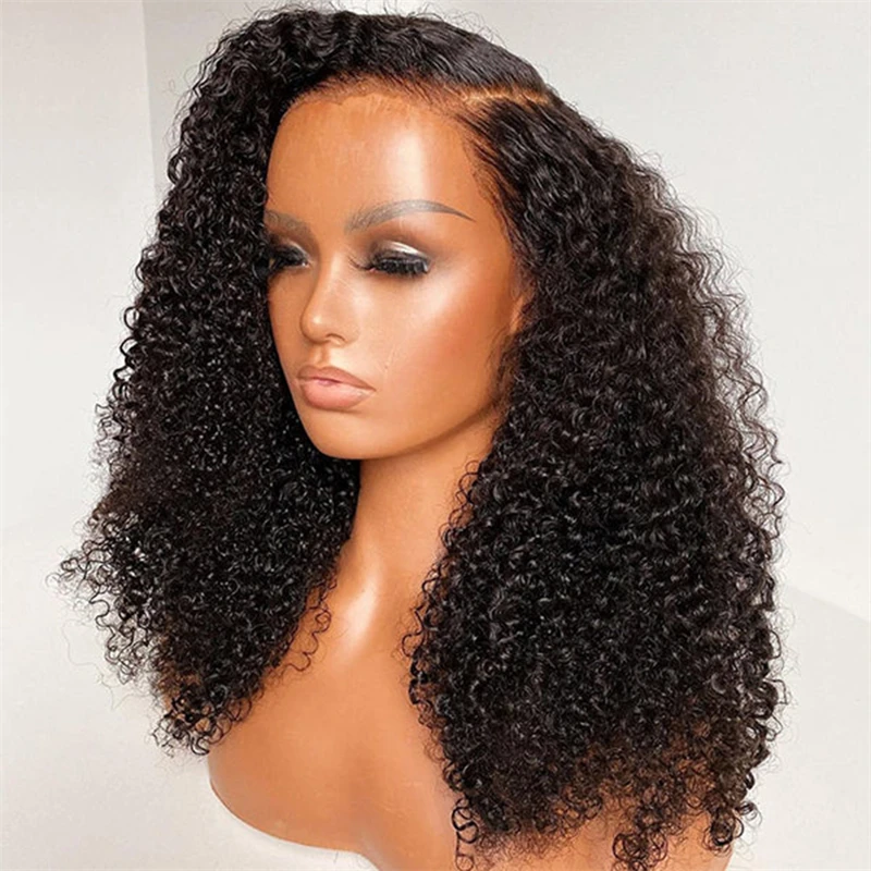 Perruque Lace Front Wig crépue bouclée sans colle pour femme, cheveux de bébé, douce et longue, préplumée, densité 180, noir naturel, 26 pouces, degré de chaleur, 03/3