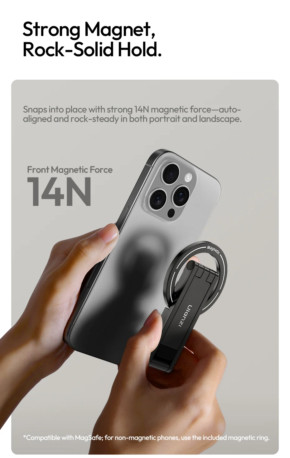 � Ulanzi MA60 faltbare magnetische Telefonstativ-Handheld-Selfie-Telefonhalterung für iPhone 16 15 14 13 Android mit Magnetring – Detail 5
