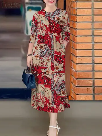 ZANZEA 프린트 드레스 여름 우아한 캐주얼 홀리데이 파티 드레스 여성 O 넥 3/4 슬리브 작업 Vestidos Midi Robe Spring Sundress Best5 ZANZEA 프린트 드레스 여름 우아한 캐주얼 홀리데이 파티 드레스 여성 O 넥 3/4 슬리브 작업 Vestidos Midi Robe Spring Sundress Best5