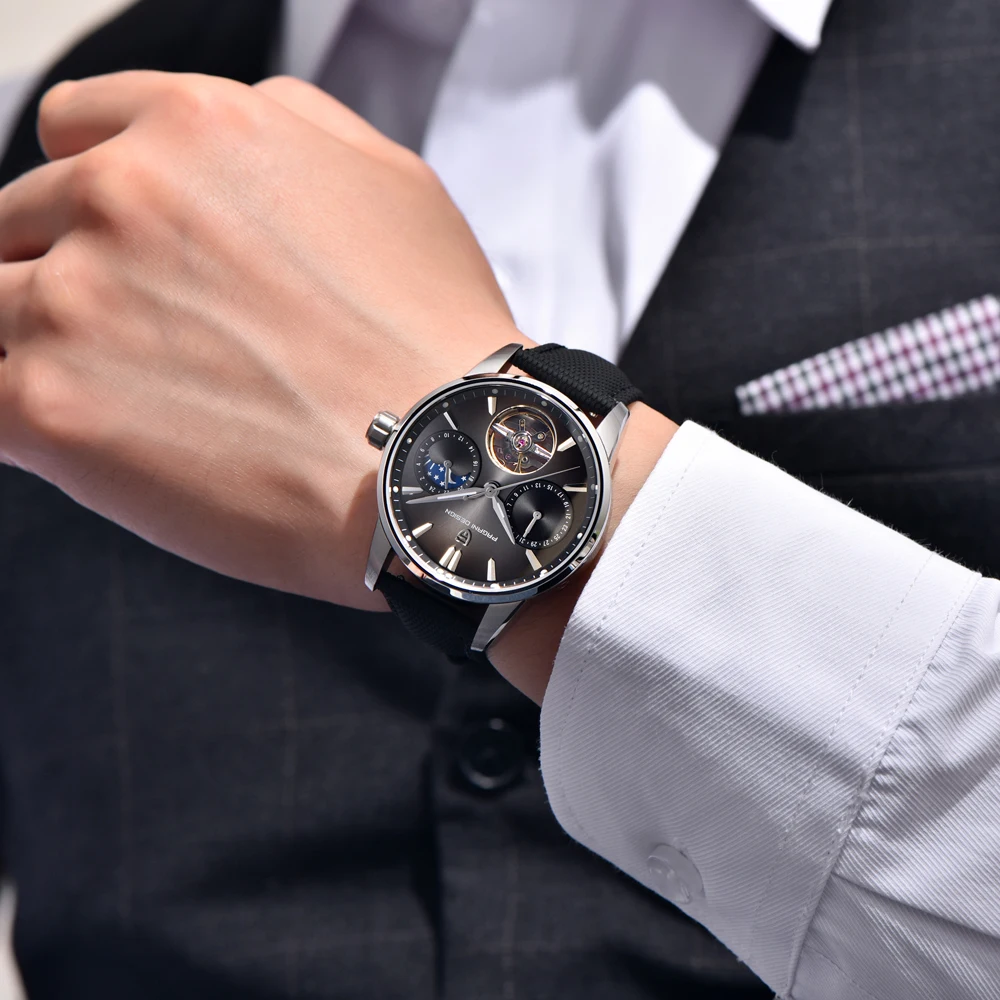PAGANI DESIGN Watches2025 New Skeleton Tourbillon Mechanical Watch For Men Stainless Steel Moon Phase Automatic Chronograph Gift