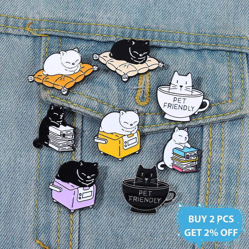 Kawaii Kitties Enamel Pins Lazt Cats lying Cup Box Book Brooches Backpack Lapel Badges Jewelry Accessories Gifts For Friends