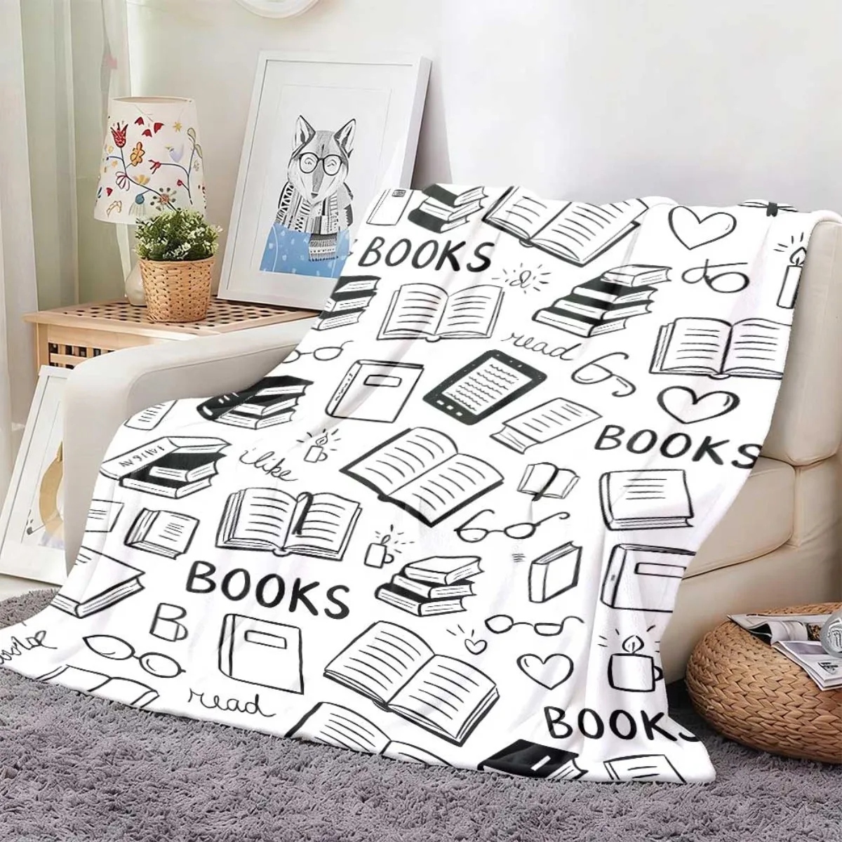 Simple Line Drawing Book Glass Heart Candle Hand Sketch Plain White Base Fleece Blanket Cozy Throw For Bed Travel Dorm Reading