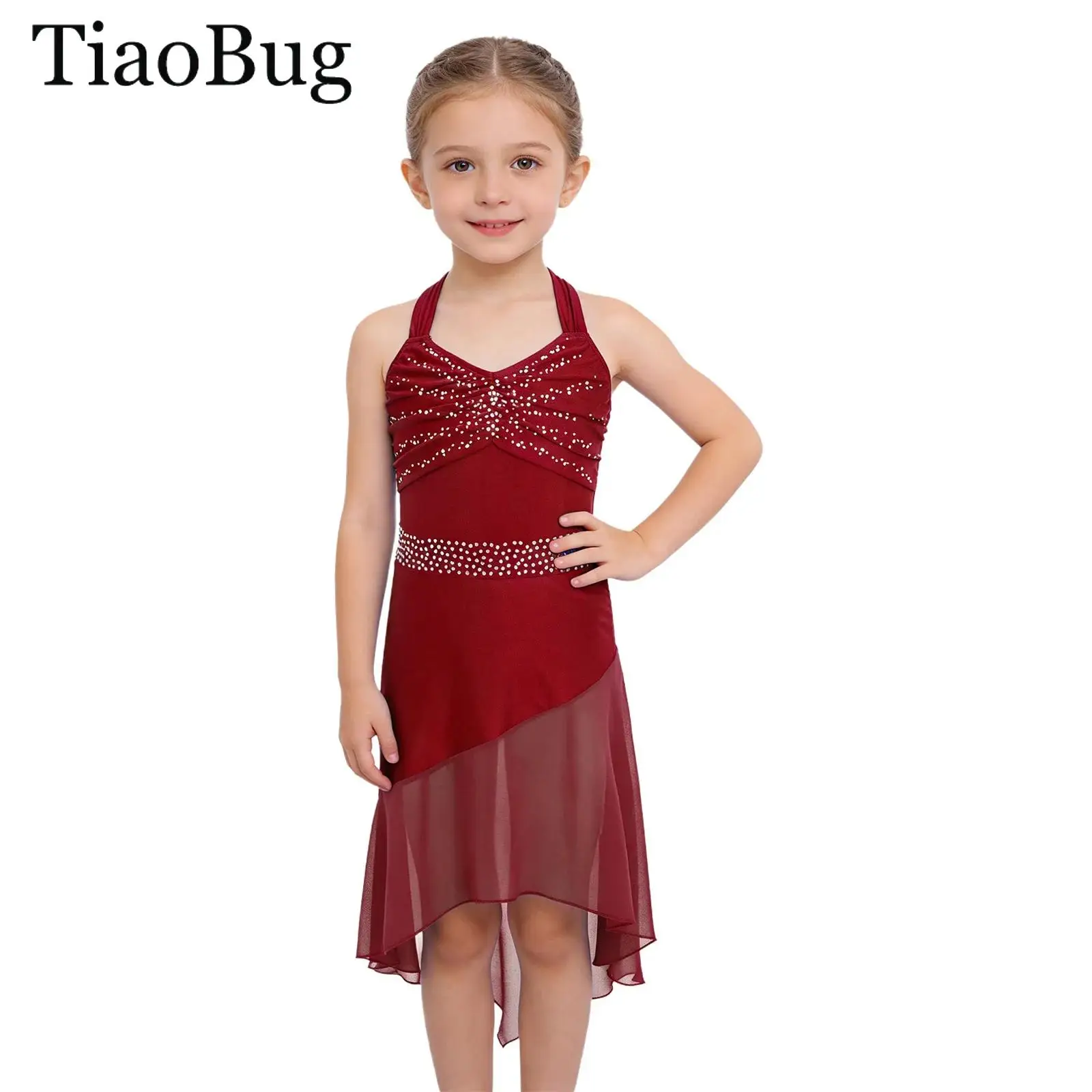 

Girls Latin Dance Leotard Dress Sleeveless Cross Back Rhinestones High Low Chiffon Dress Cha-cha Samba Salsa Performance Costume