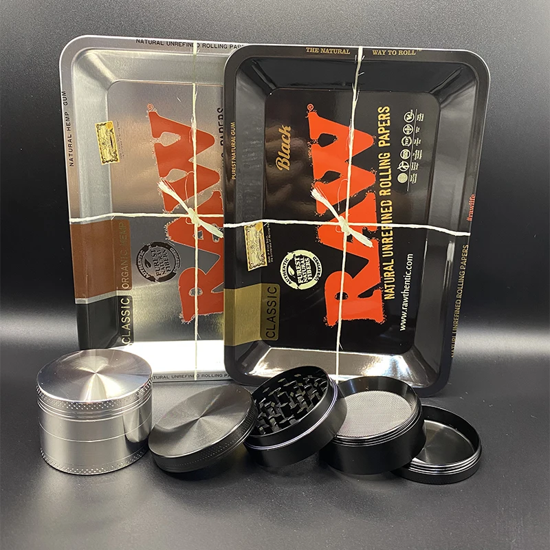 Molinillo de hierba de aleación de Zinc de 40/50mm, molinillo de pimienta, molinillo de especias con bandeja rodante de Metal de 18x12,5 cm, accesorios para fumar de hojalata