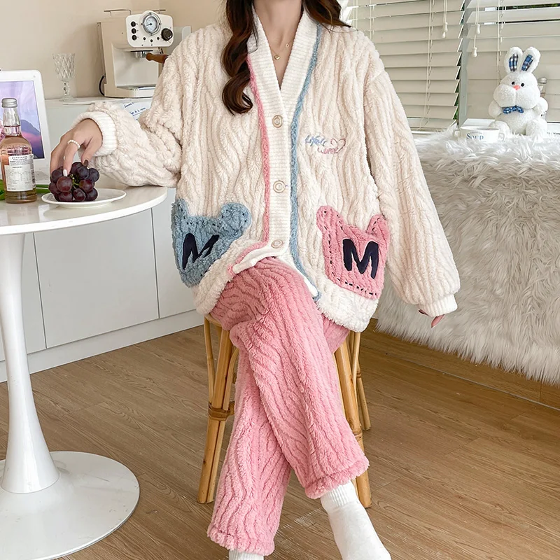 Autumn Fall Winter Thick Warm Fleece Maternity Nursing Sleepwear Pants Sets Loose Pajamas Suits Pregnancy Sleep Home Lounge Wear