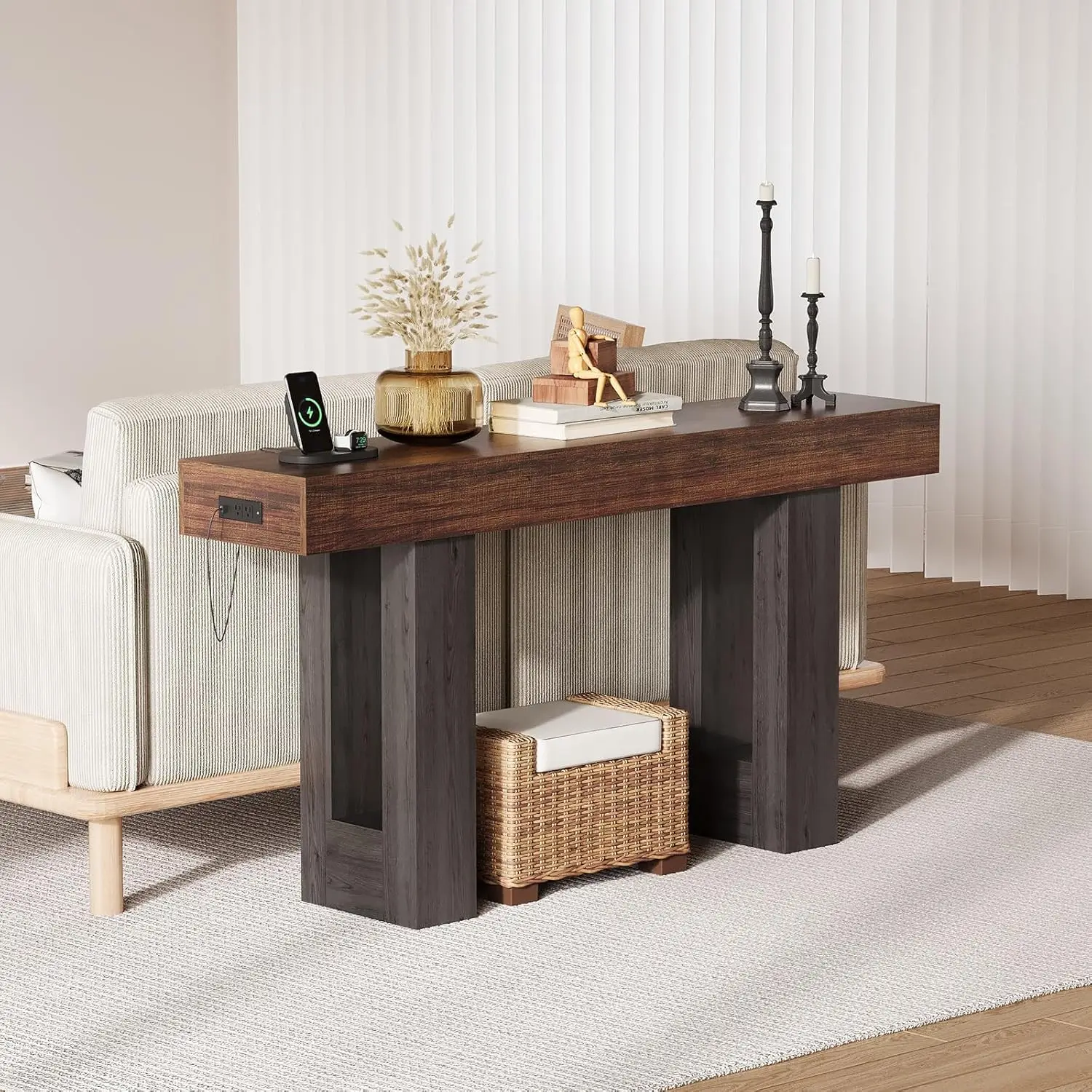 63-Inch Long Console Table, Farmhouse Wood Sofa Table Behind Couch Tables, USB & Type c Ports, Entryway Table Accent Table for Living Room, Entrance, Hallway image 6
