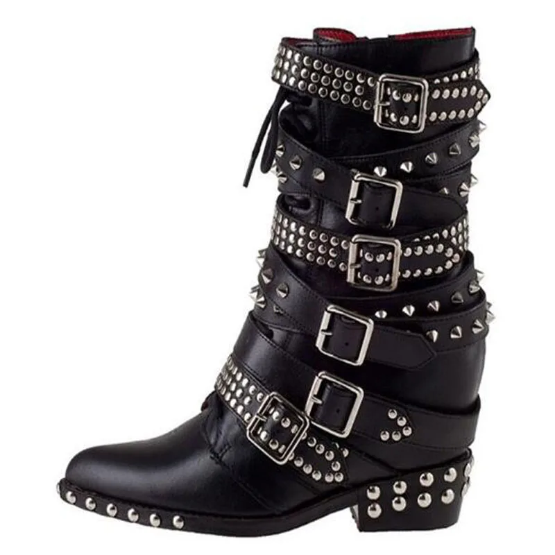 Fall Studded Rangers Low Combat Black Boots Leather multi wrap around spike and stud embellished buckle boots