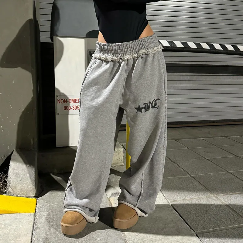 

Autumn and winter waistline reversal design solid color letter printed wide leg pants for women's basic street casual sports pan