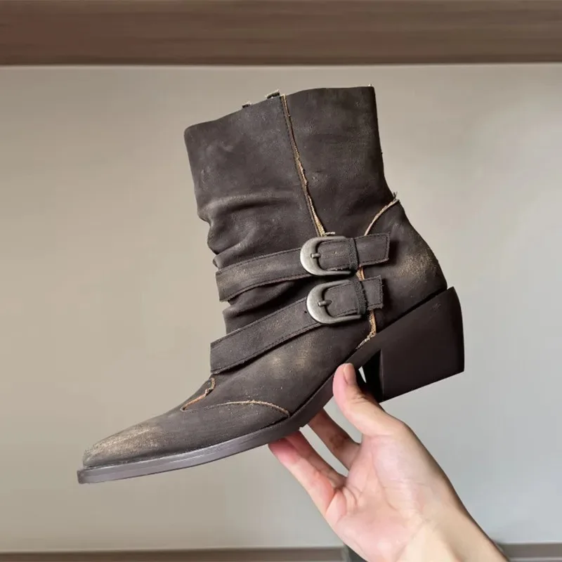 Retro Canvas Leather Patchwork Heel Ankle Boots Women Fashion Metal Buckle Detail Western Boots Street Style Motorcycle Boots