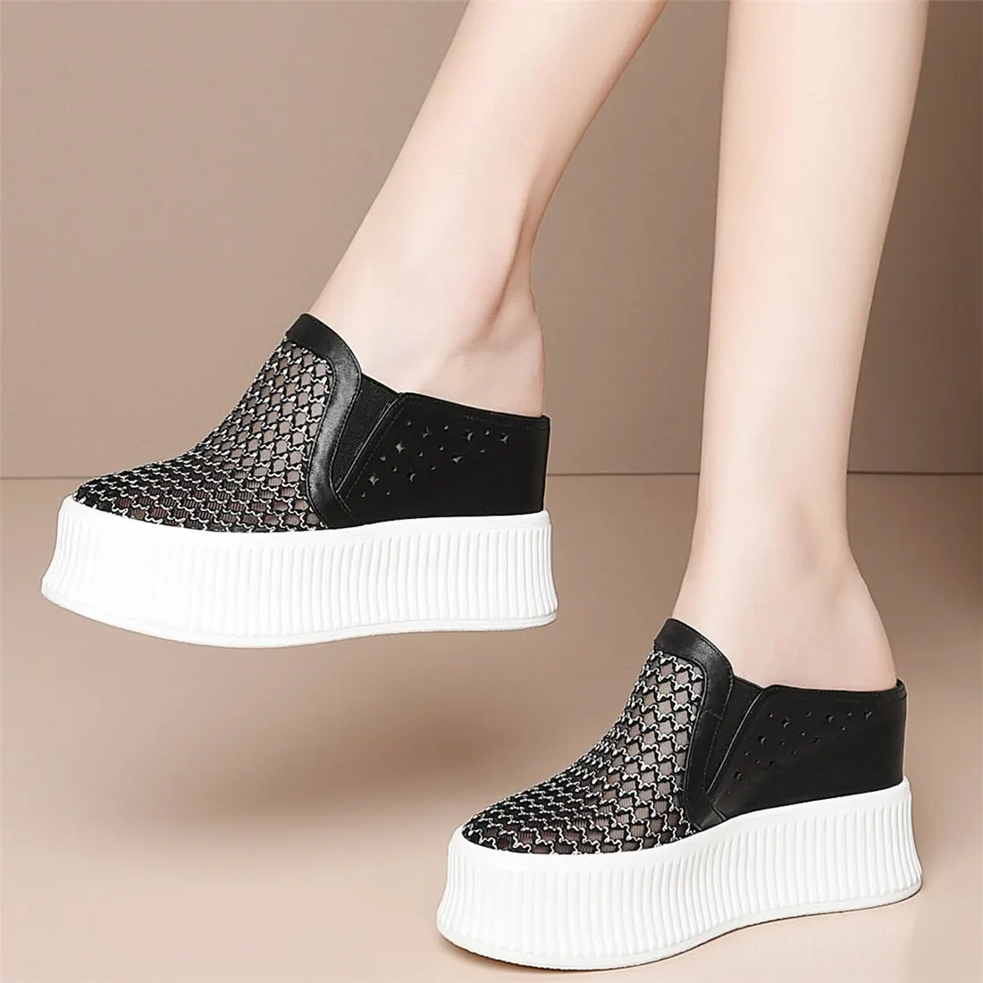 

Black White Silver Casual Shoes Women Genuine Leather Wedges High Heel Pumps Female Summer Round Toe Fashion Sneakers Punk Mules