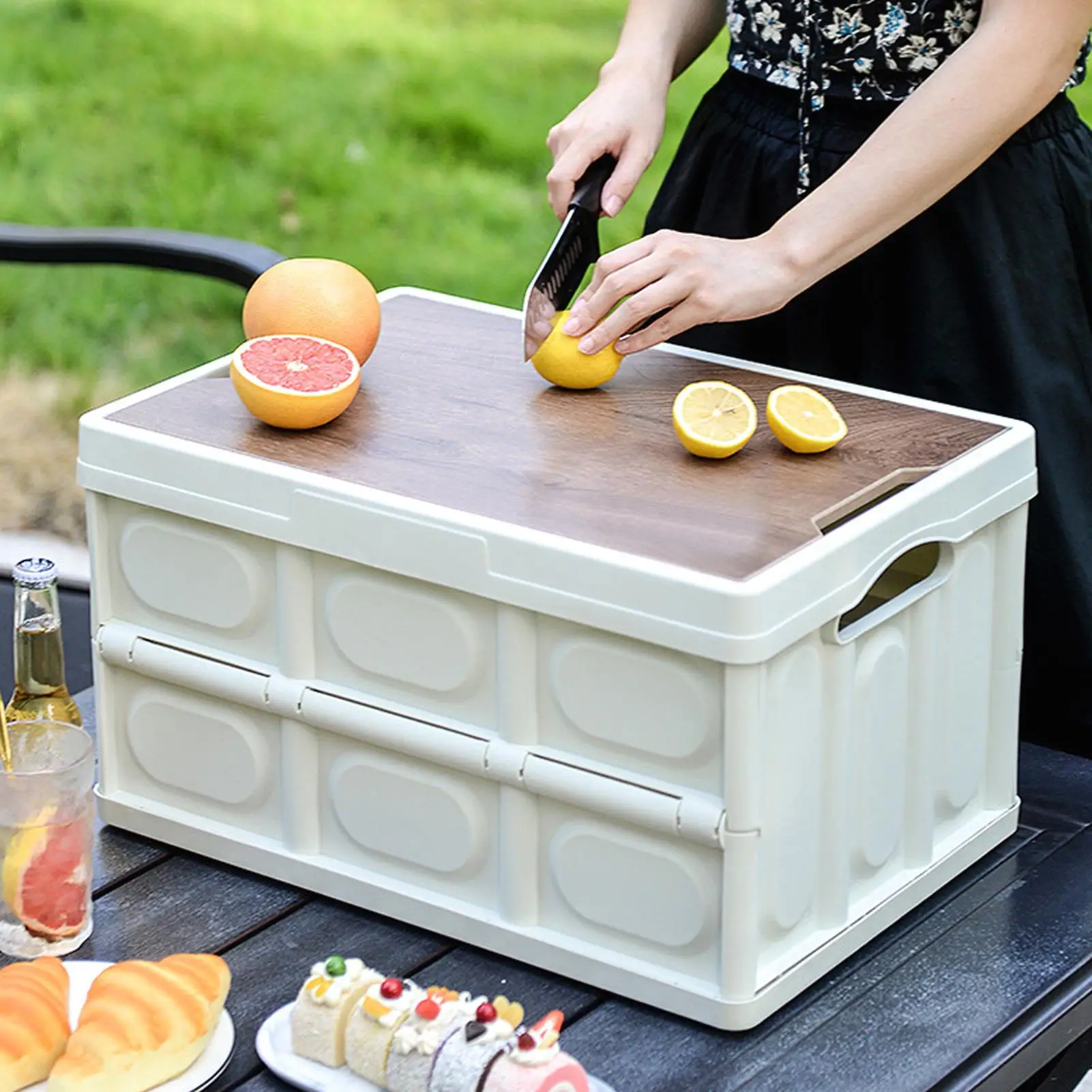 30 لتر لصندوق تخزين قابل للطي متعدد الوظائف للاستخدام الخارجي، حاوية تخزين محمولة قابلة للإزالة مع سطح خشبي للاستخدام الخارجي باللون الأبيض