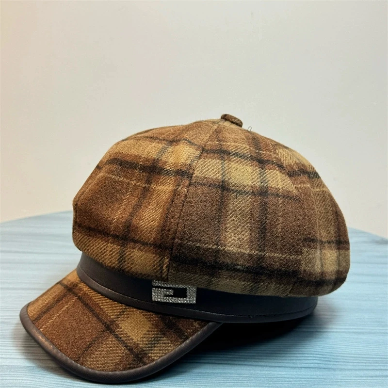 Cappello ottagonale in lana scozzese stile britannico per donna Autunno e inverno Moda versatile berretto retrò pittore cappello strillone