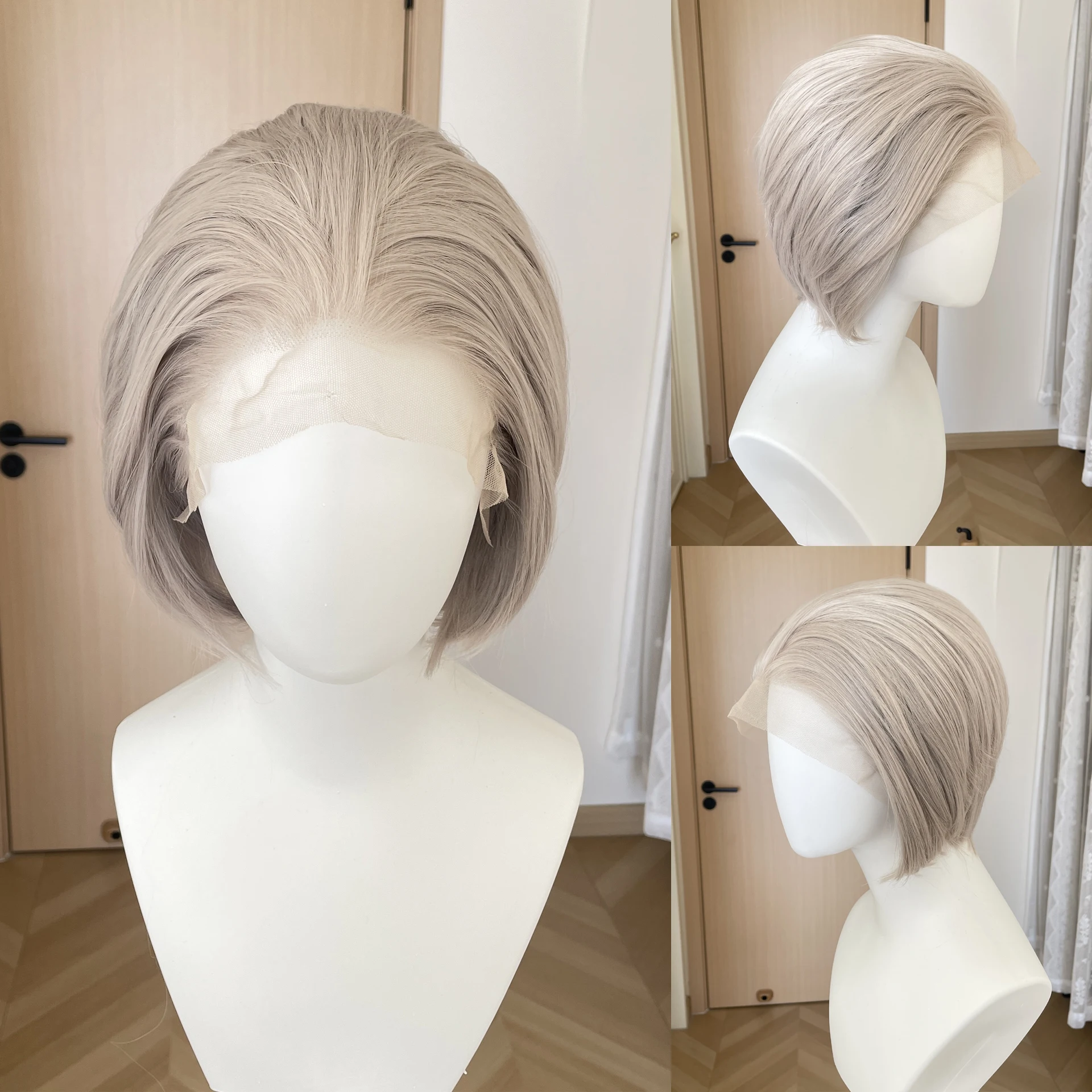 

Natural Hairline Short Bob Cut Synthetic Lace Front Wigs for Women Cosplay Wigs for Men Milk Tea Grey Glueless 13x4 Lace Wigs