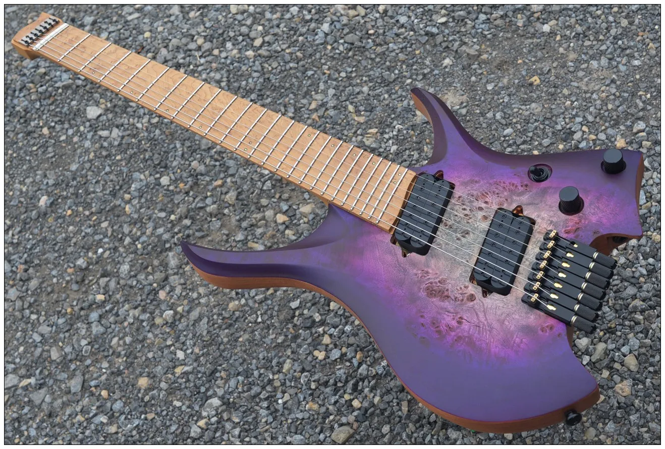 

2024 Fanned frets 7 Strings Headless Electric Guitar purple color Maple Neck Roasted birdseye maple fretboard Mahogany wood