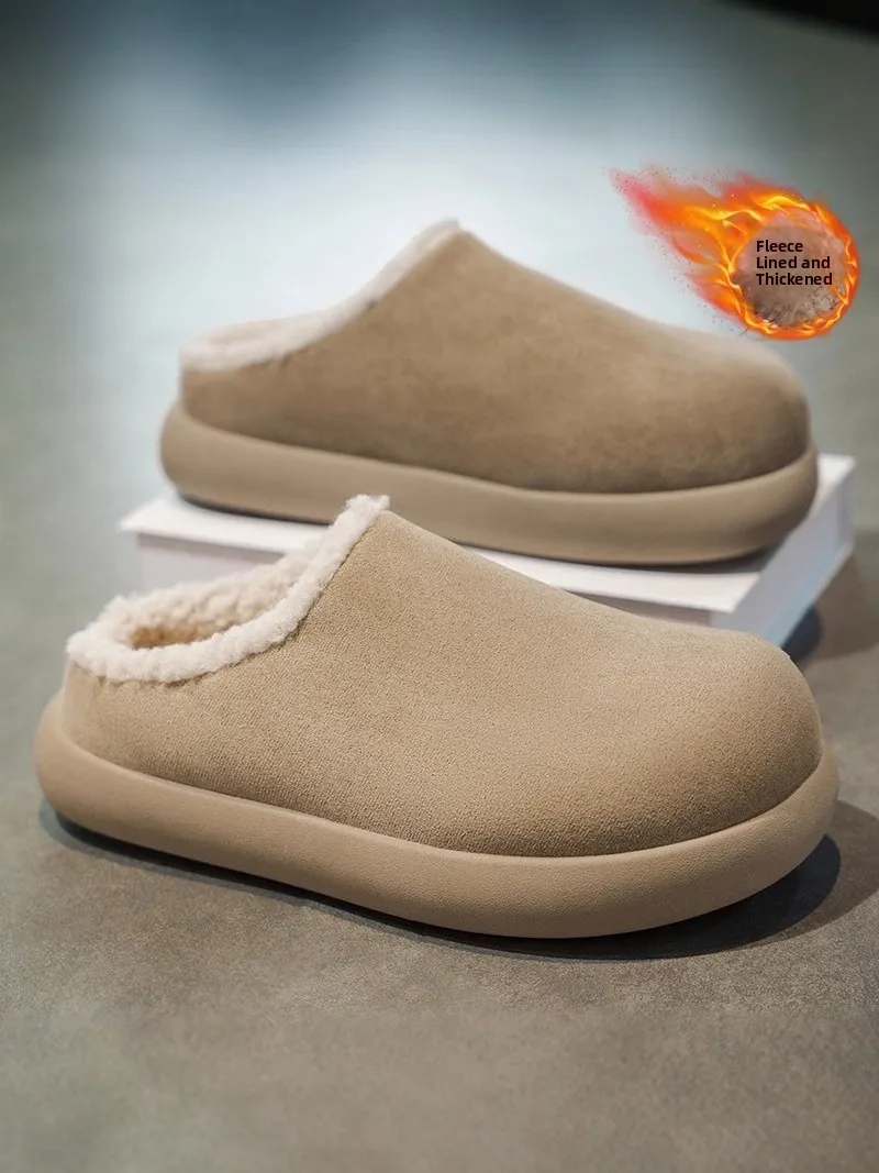 Men's Winter Thickened Fleece Lined Warm Retro Cotton Slippers  Style PU Leather Slip-On Mules Casual Sporty