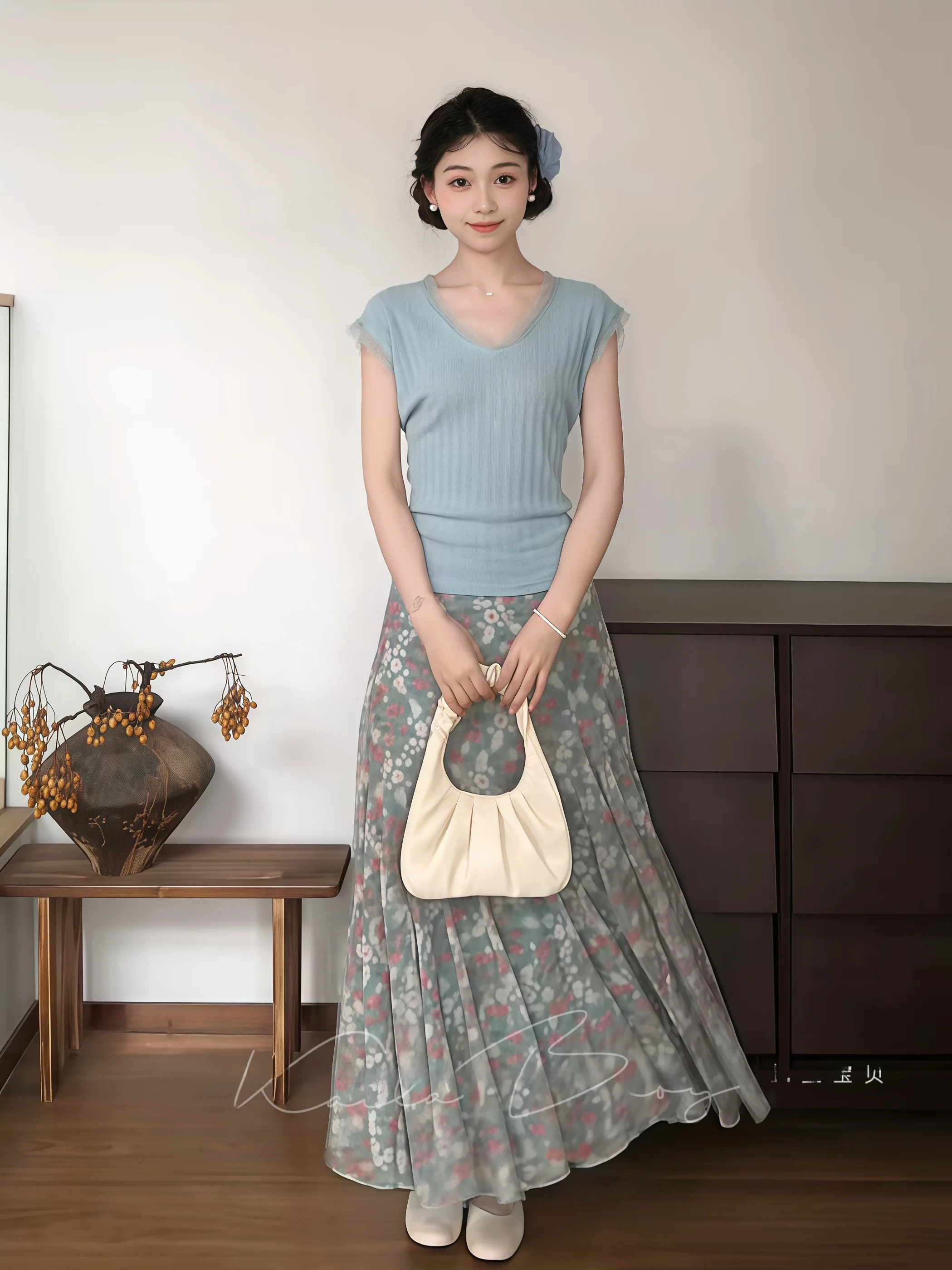 

Summer New Knitted Short Sleeve T-Shirt Floral Tailored Half Skirt Two-Piece Set Gentle Elegant Style Women's Fashion Ensemble